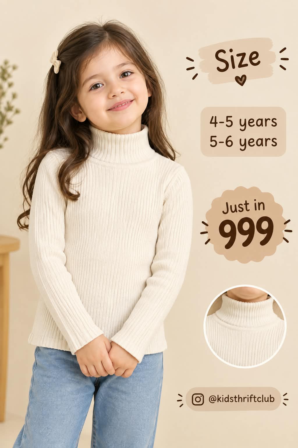 Cream Ribbed Turtleneck Sweater for Girls