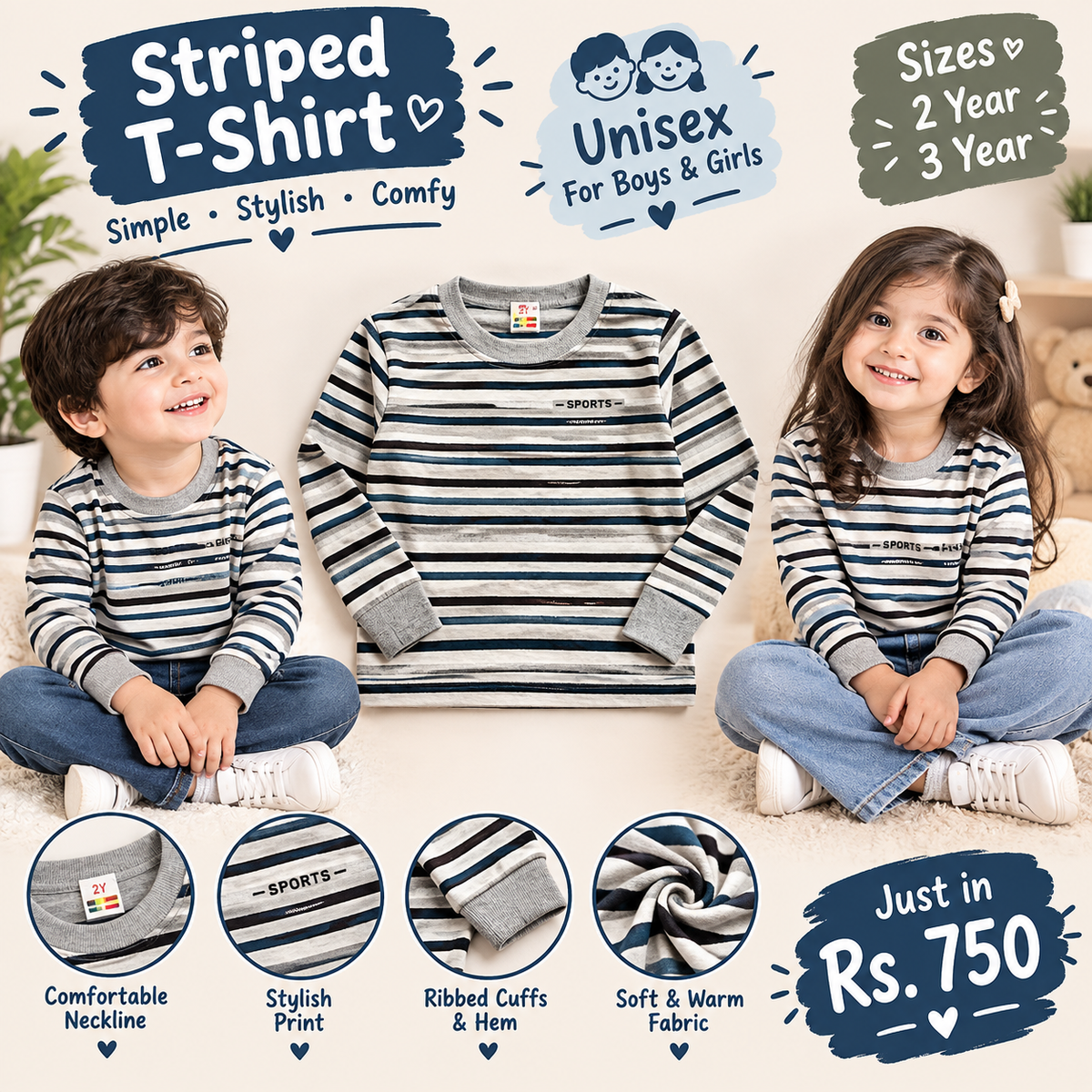 Striped Long Sleeve T-Shirt for Kids | Cozy Unisex Casual Top