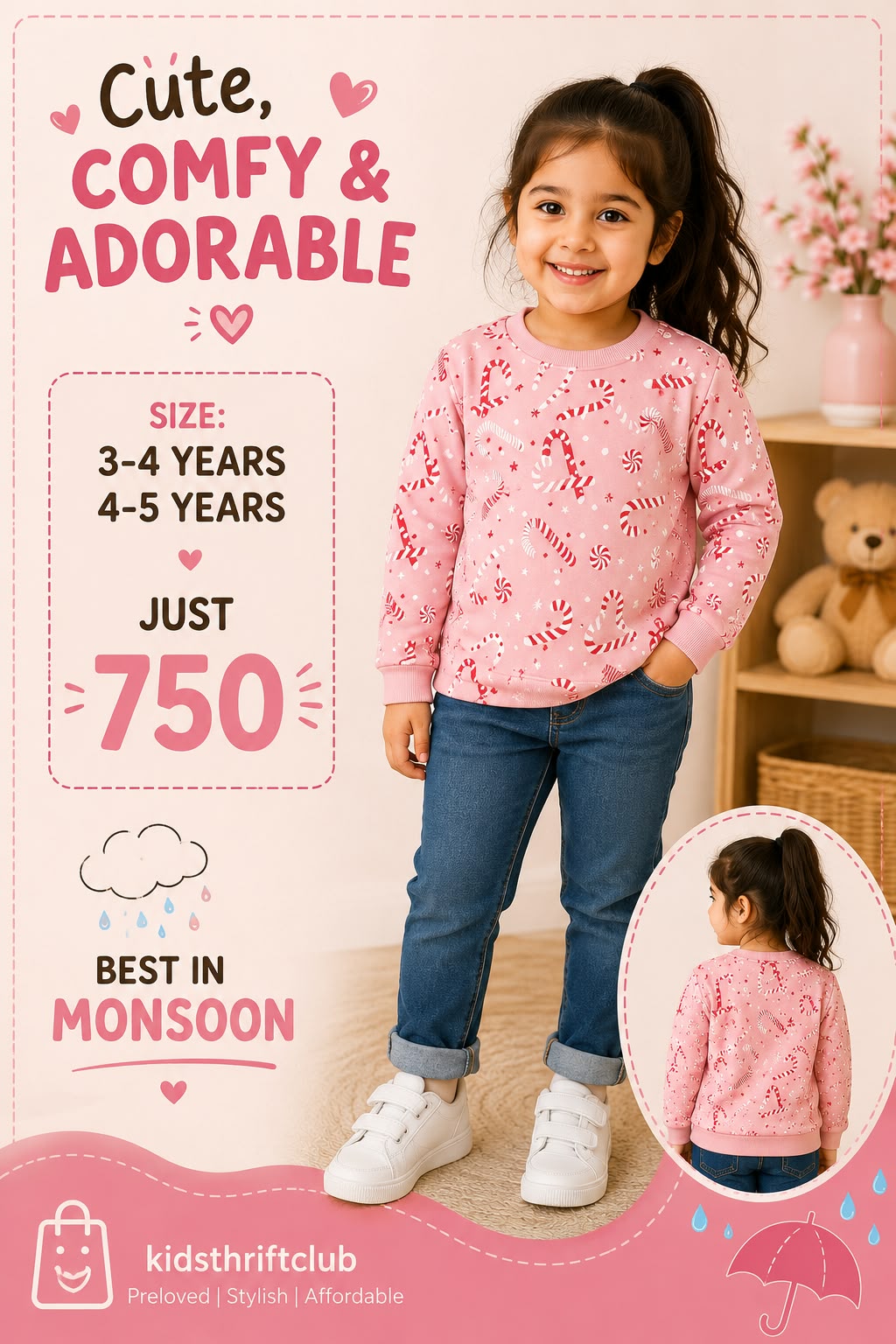 Pink Candy Cane & Heart Print Sweatshirt for Girls - Monsoon Wear