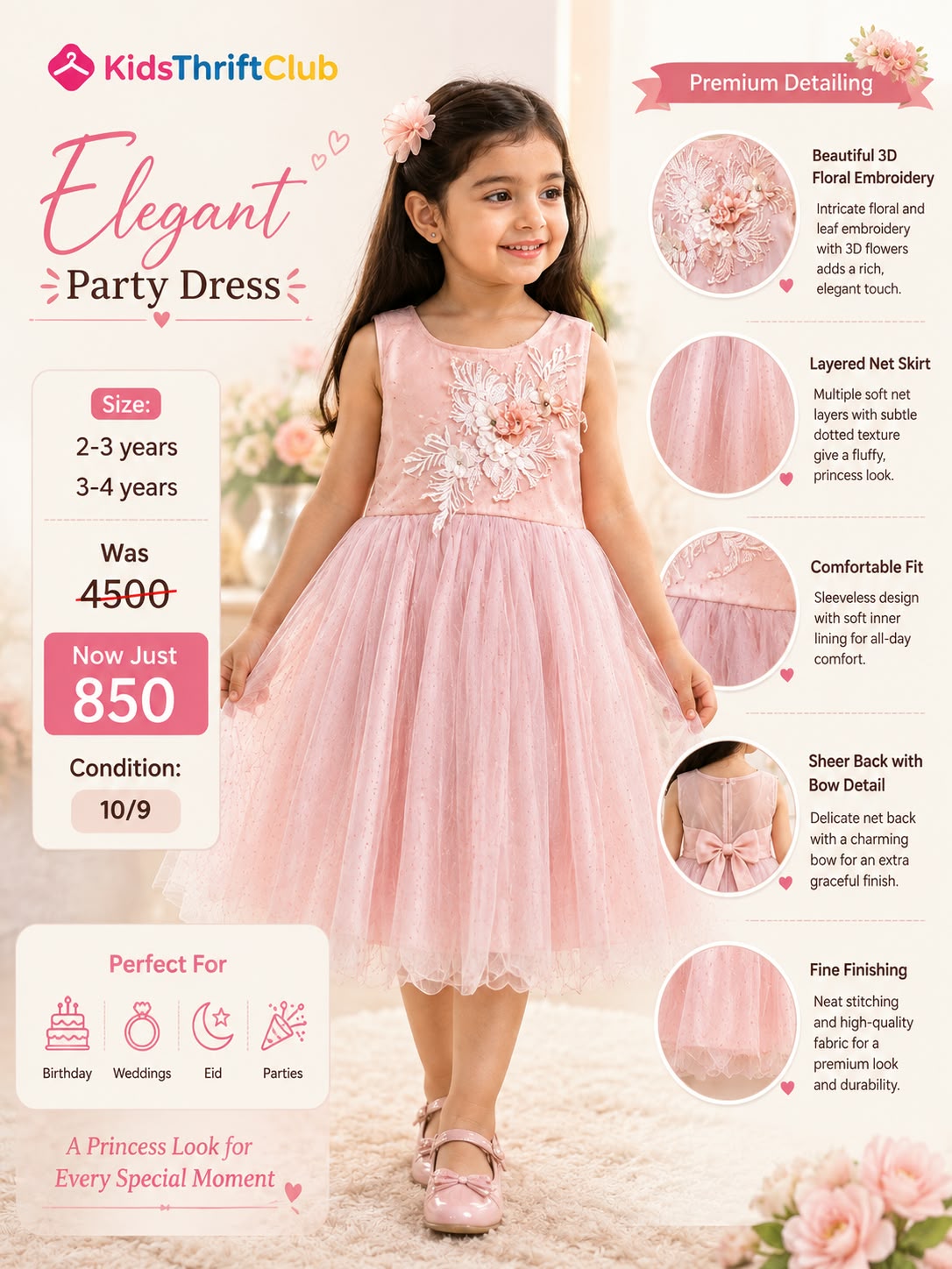 Elegant Pink Girls Party Dress with 3D Floral Embroidery