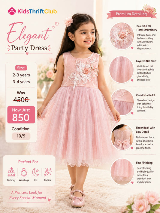 Elegant Pink Girls Party Dress with 3D Floral Embroidery