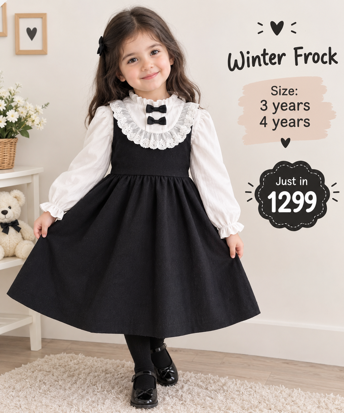 Black and White Layered Winter Frock for Girls