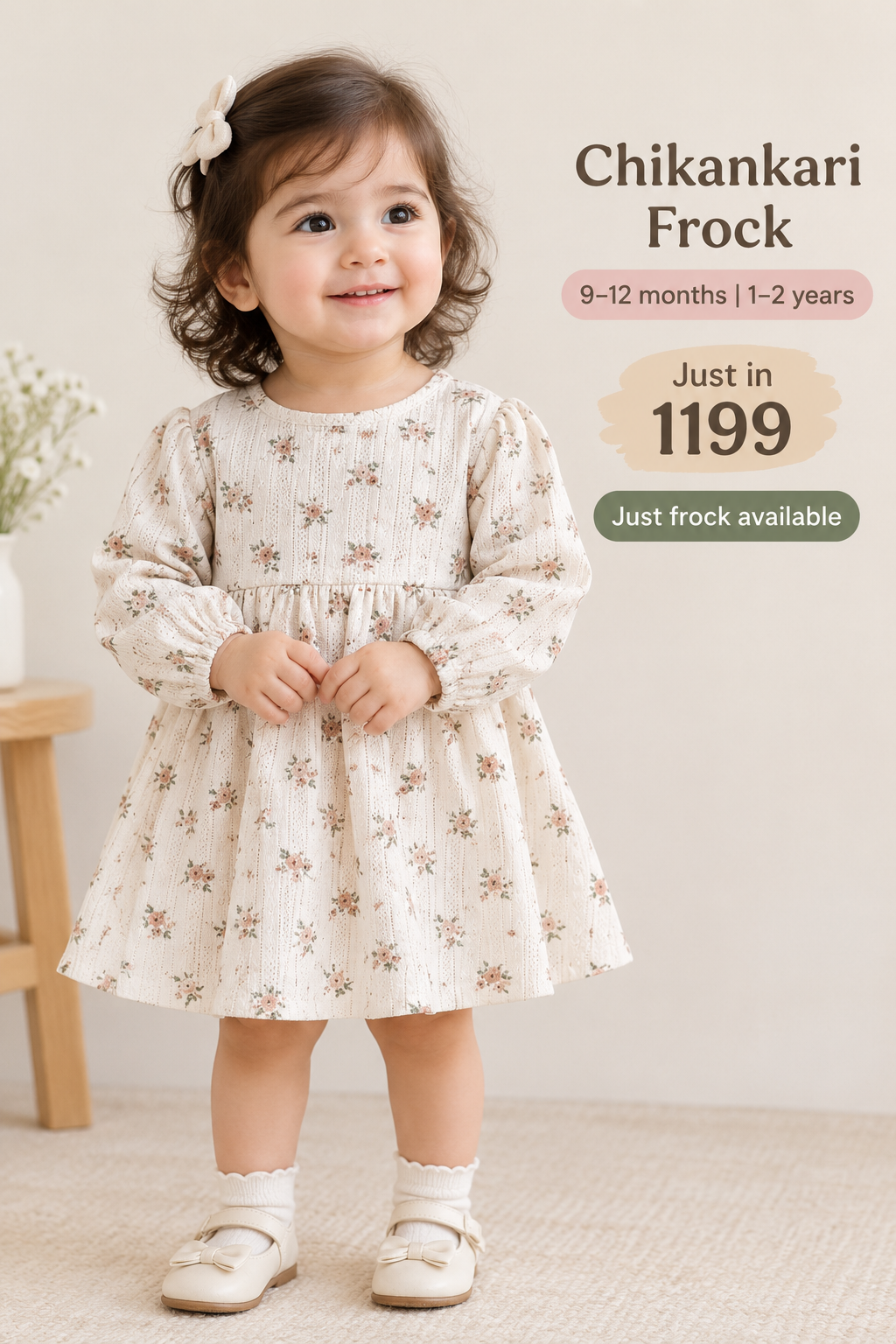Beige Floral Chikankari Frock for Baby Girls and Toddlers