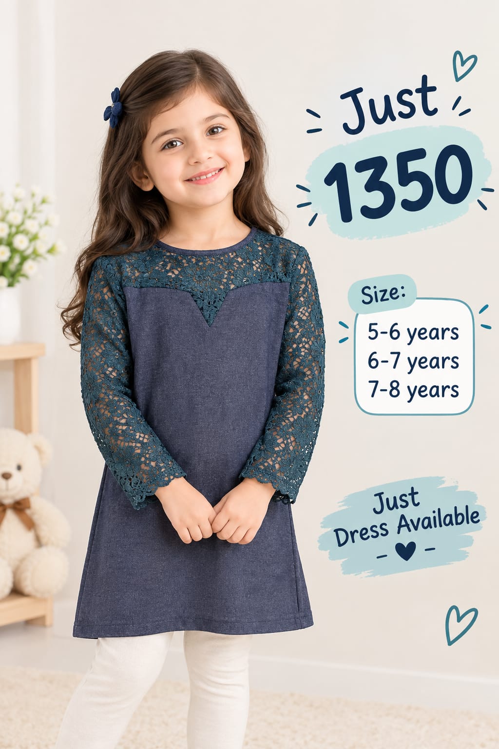 Blue Denim Long-Sleeve Dress with Floral Lace Yoke and Sleeves for Girls
