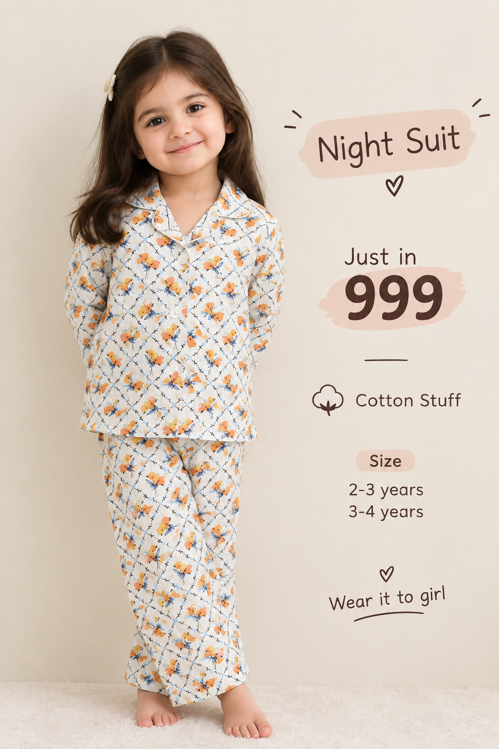 Orange Floral Print Cotton Night Suit for Girls