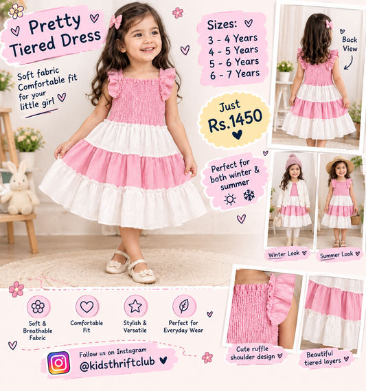 Pretty Tiered Dress for Little Girls | Pink & White Ruffle Summer & Winter Party Dress