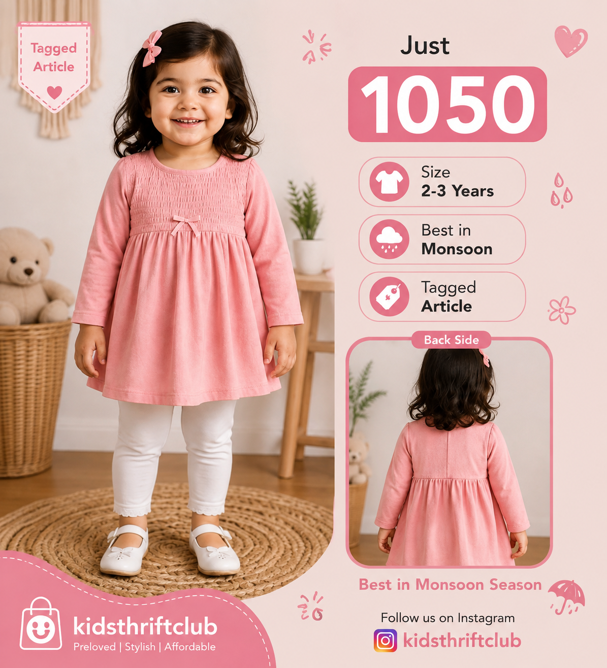 Girls Pink Long Sleeve Smocked Top with Bow Detail - Pre-Loved Kidswear