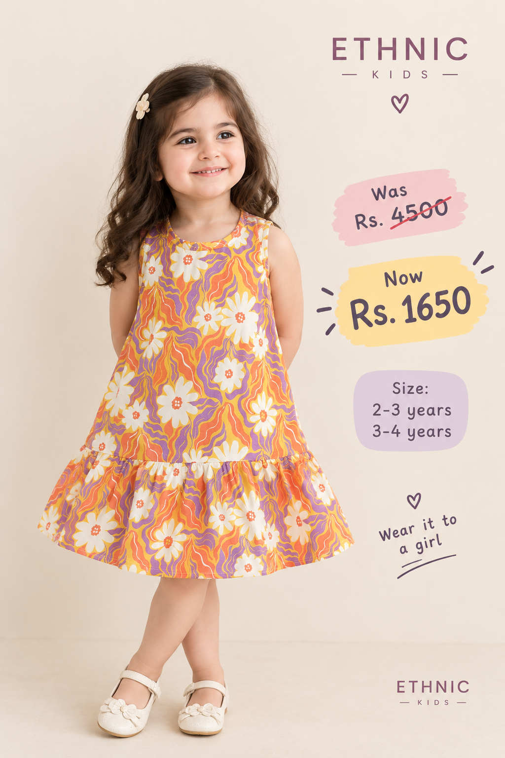 Ethnic Kids Orange and Purple Floral Print Drop-Waist Dress for Girls